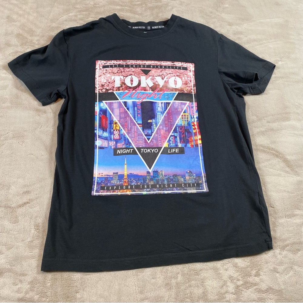 Robin Ruth Womens M Tokyo T-Shirt Black Cotton Travel Graphic Tee Japan